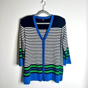 Misook Striped V-Neck Button-Front Liquid Knit Cardigan Preppy Career Sz L